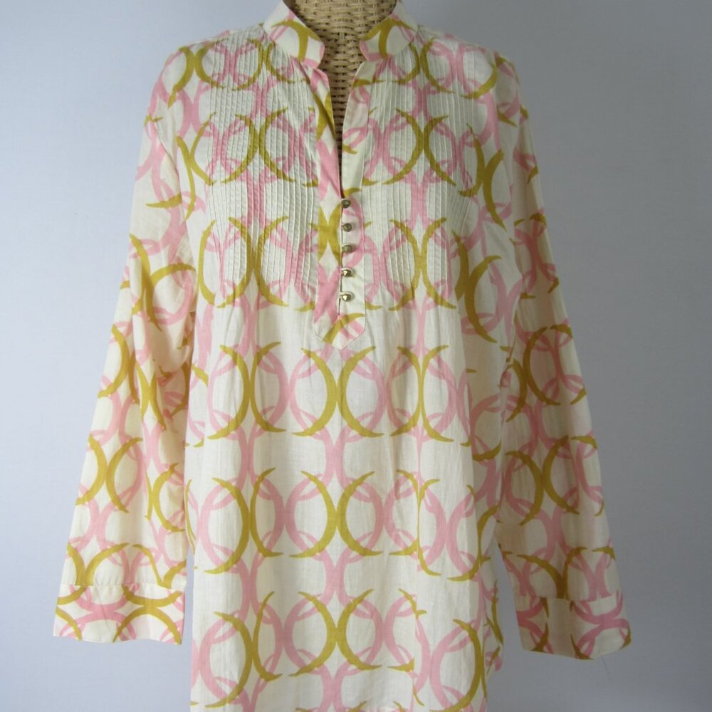 Le Sirenuse Womens XL Cream Pink Yellow LS Cotton Pinch Pleated Tunic Top Shirt